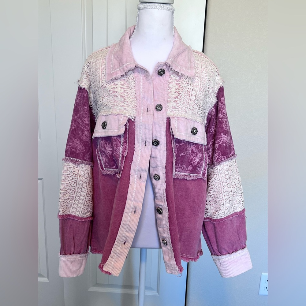 POL Lace Corduroy Floral Frayed Denim Jacket Sz Small (oversized) NWOT